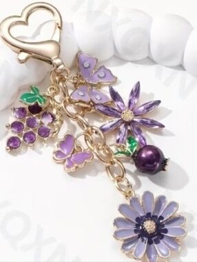 Purple Floral & Butterfly Bag Charm Keychain with Heart Lobster Clasp